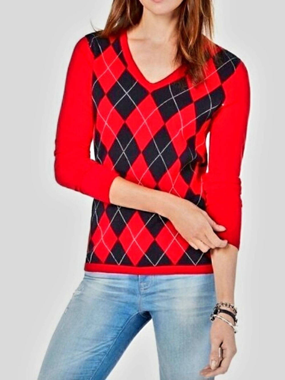 Red & Black Argyle V-Neck Sweater